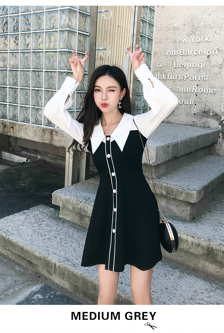 VK旗艦店 韓系襯衫拼接黑白修身顯瘦氣質撞色長袖洋裝