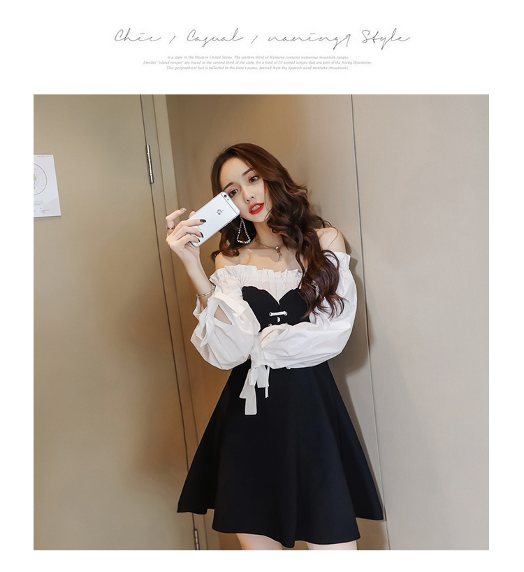 VK旗艦店 韓系一字領性感綁帶拼接收腰顯瘦長袖洋裝