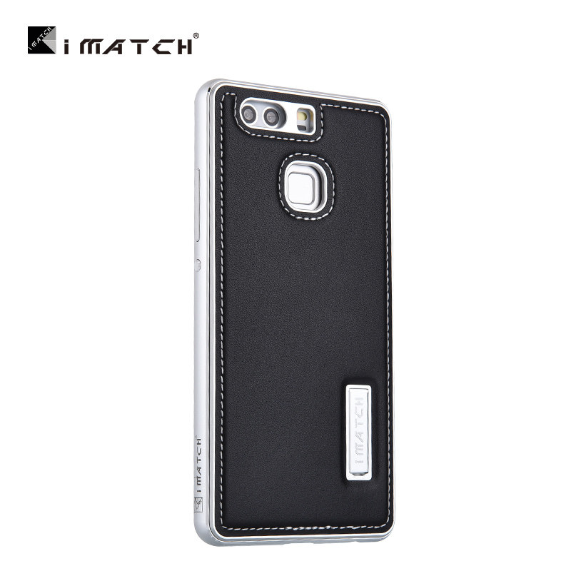 iMatch Luxury Aluminum Metal Bumper Premium Genuine Leather Back Cover Case for Huawei P9 Plus & Huawei P9