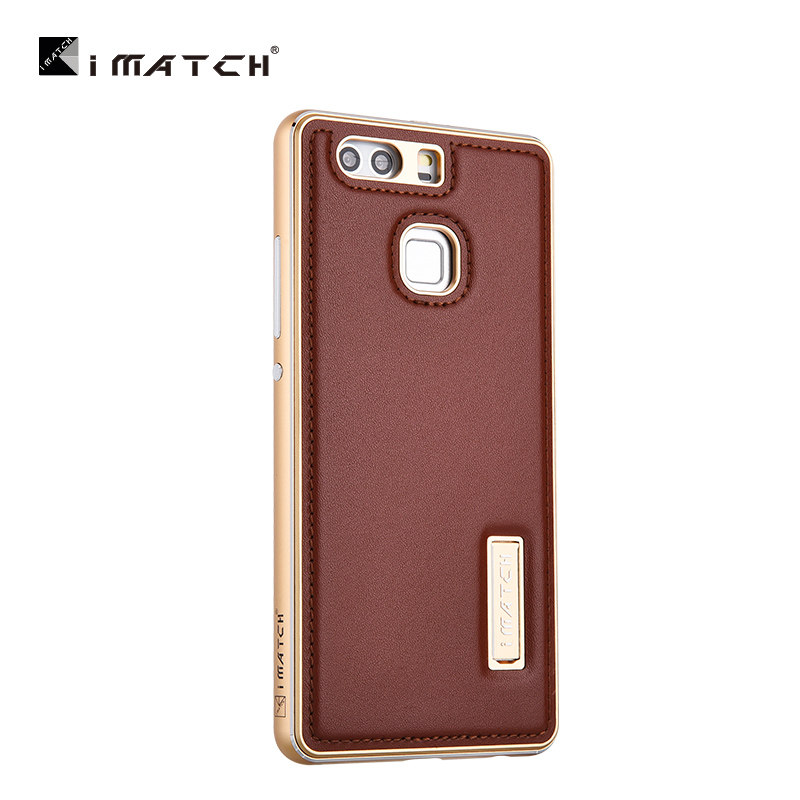 iMatch Luxury Aluminum Metal Bumper Premium Genuine Leather Back Cover Case for Huawei P9 Plus & Huawei P9