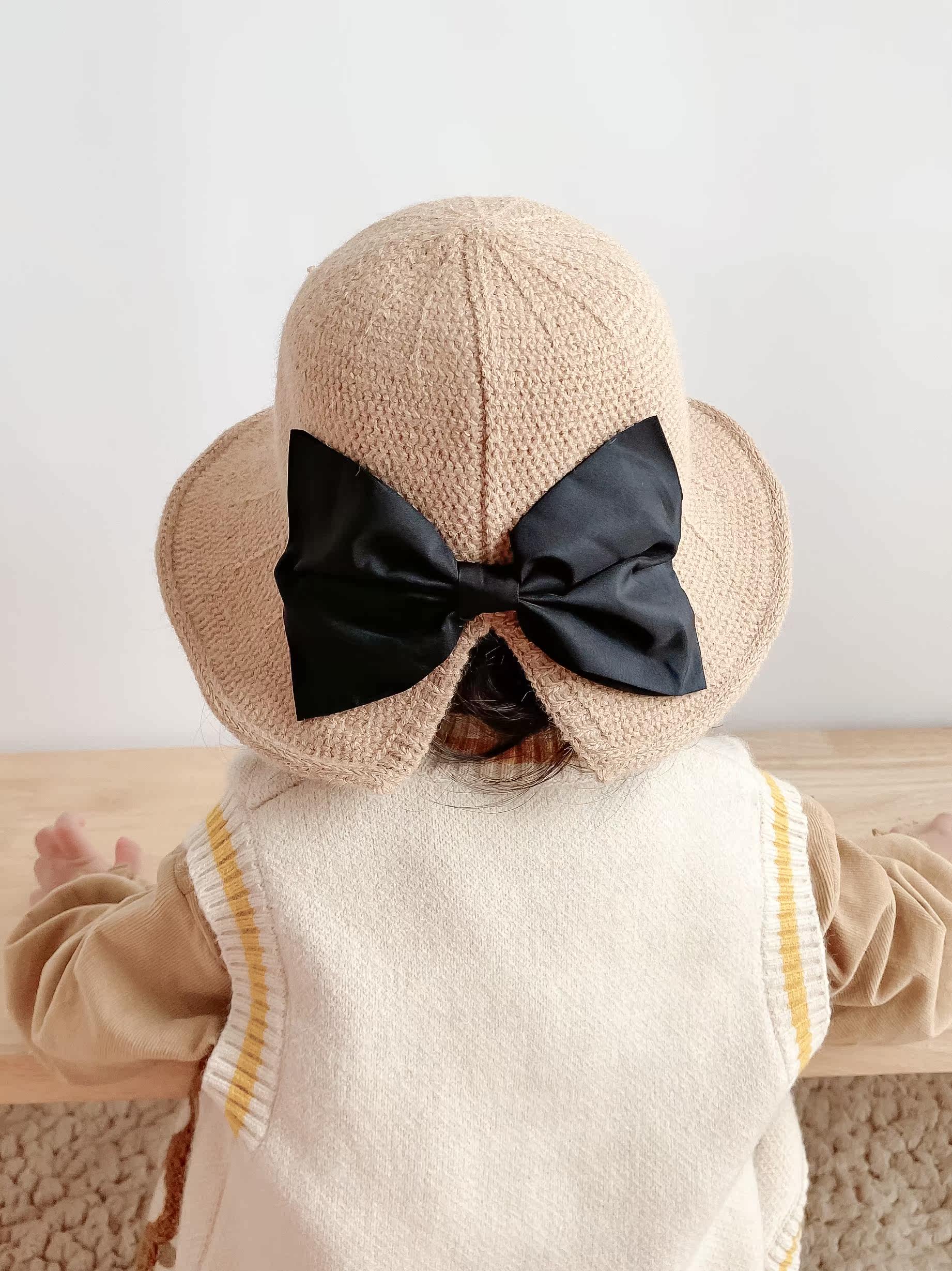 Children's basin hat autumn and winter ins new female baby fisherman hat travel warm princess hat bow girl hat 3 years old