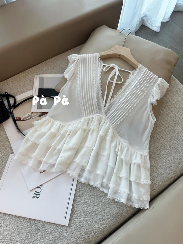 Ruffled V-Neck Layered Lace Trim Short Babydoll Top for Women, Vacation Style Pure Desire Chiffon Blouse Summer