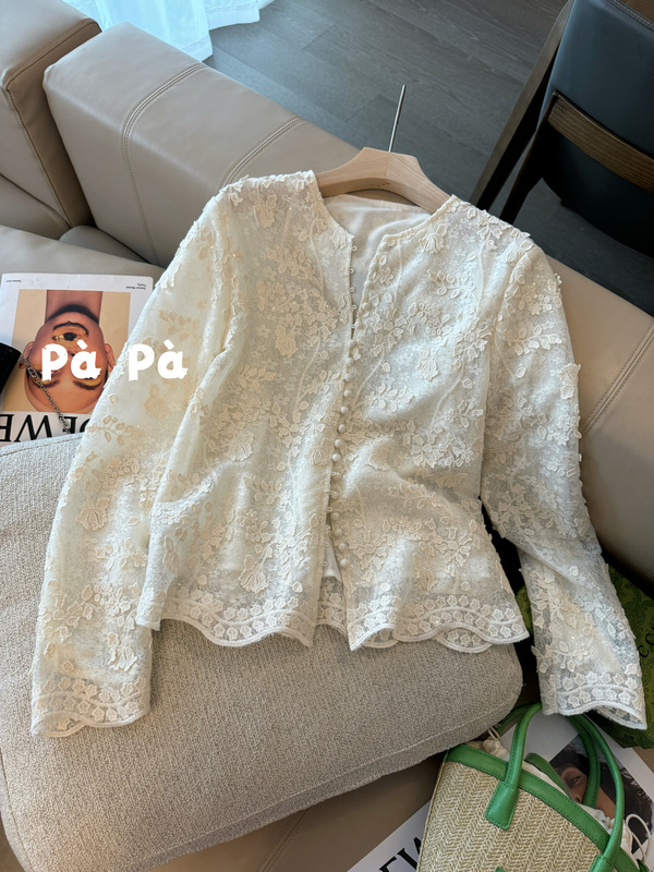 Senna Afternoon Heavy Embroidery Sequin Three-Dimensional Lace Shirt French New Chinese Style Women's Long-Sleeved Shirt