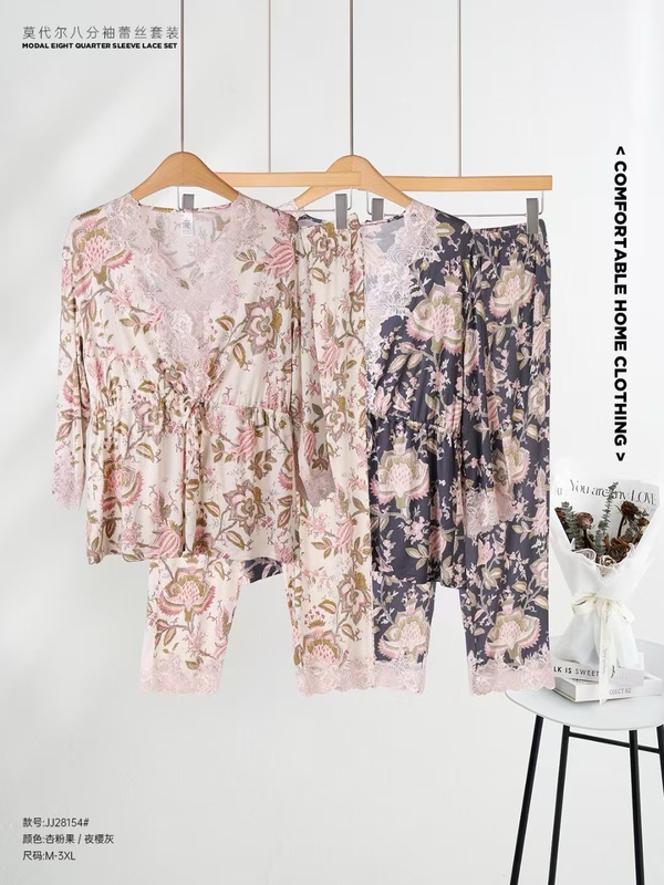 In Stock 95% Modal Lace Print Three-Quarter Sleeve Women's Waist-Cinching Pajamas Soft and Comfortable Loungewear 28154