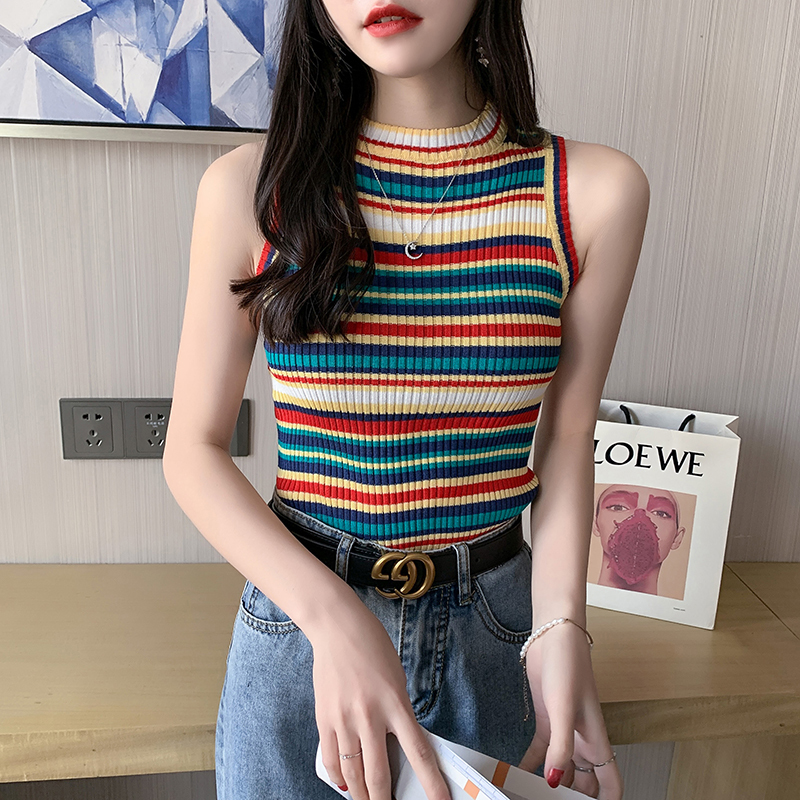 Korean Style Chic Slim-Fit Knit Camisole Rainbow Striped Tank Top for Women Summer Vintage Short Sleeveless Top Trendy