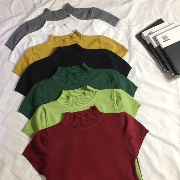 Half-High Collar Knitted Base Shirt for Women, Elastic Short-Sleeve T-Shirt Top, Tight-Fitting Short Style, Solid Color, Single Wear, Student Outfit for Autumn