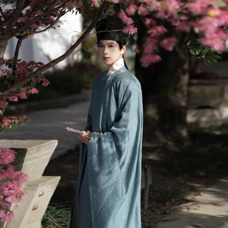 Dan Ya Ji Pillow Book New Style Hanfu Men's Song Dynasty Round Collar Robe Official Robe Song Dynasty Official Garment Lan Robe Tencel Dark Pattern
