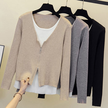 Plus-size women's clothing 2023 spring and autumn new foreign style fake two-piece sweater fat sister mm giant slim sweater top tide