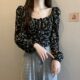 Large size women's French square collar floral shirt spring fat mm cover belly waist waist design sense of short chic top