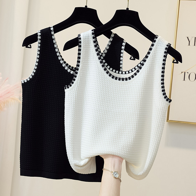 Fat sister ice silk knitted suspenders 2023 summer new large size women's clothing sleeveless inner wear small vest