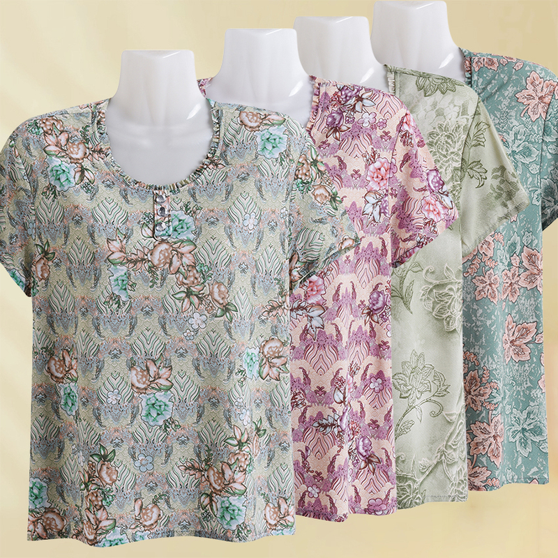 Summer Clothing for Women, Ice Silk Short-Sleeved Tops for Elderly Women, T-Shirts for Middle-Aged Women, Round-Neck, Large Size, Slimming Clothes for Mothers and Seniors
