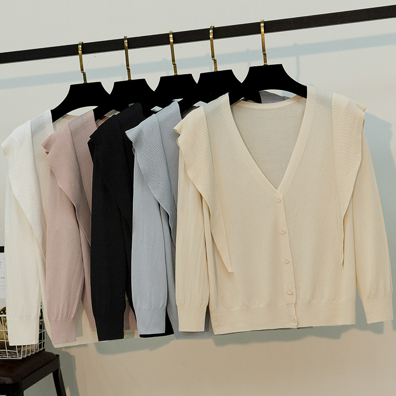 Summer sunscreen cardigan with ice silk knitted sweater women's ice hemp shawl three-quarter sleeve air-conditioning shirt stitching thin coat