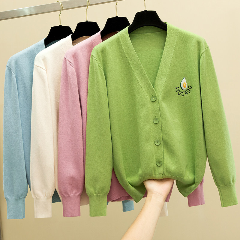 Bull Oil Fruits Green Knit Cardiovert Women Sweater Jacket Foreign Pie Loose 100 Hitch Long Sleeve Embroidered Spring Autumn Season Outings