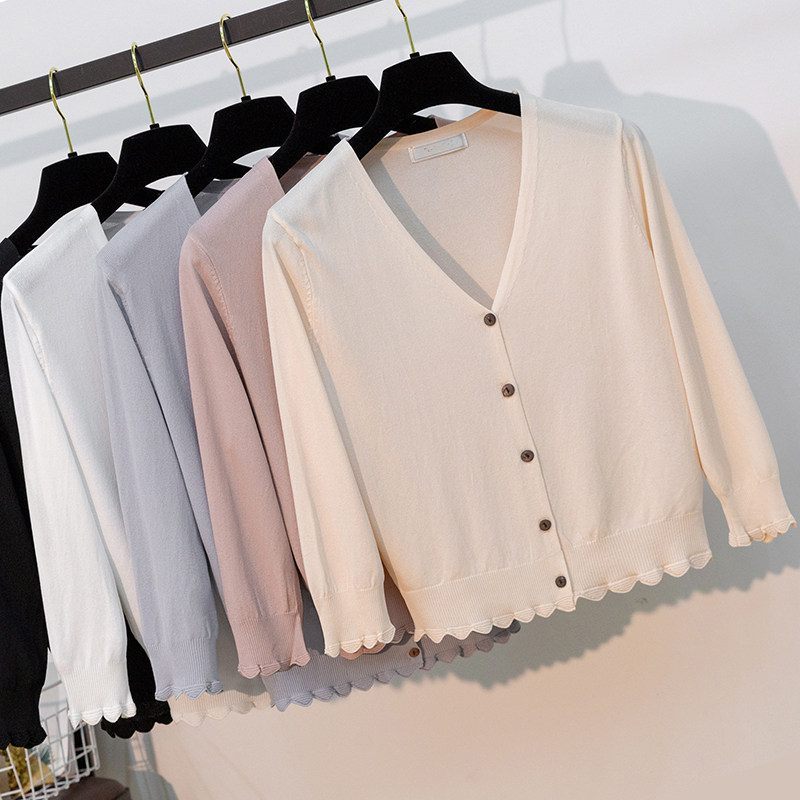 Summer sunscreen cardigan with ice silk knitted sweater women's short wooden button shawl three-quarter sleeve air-conditioned shirt thin coat