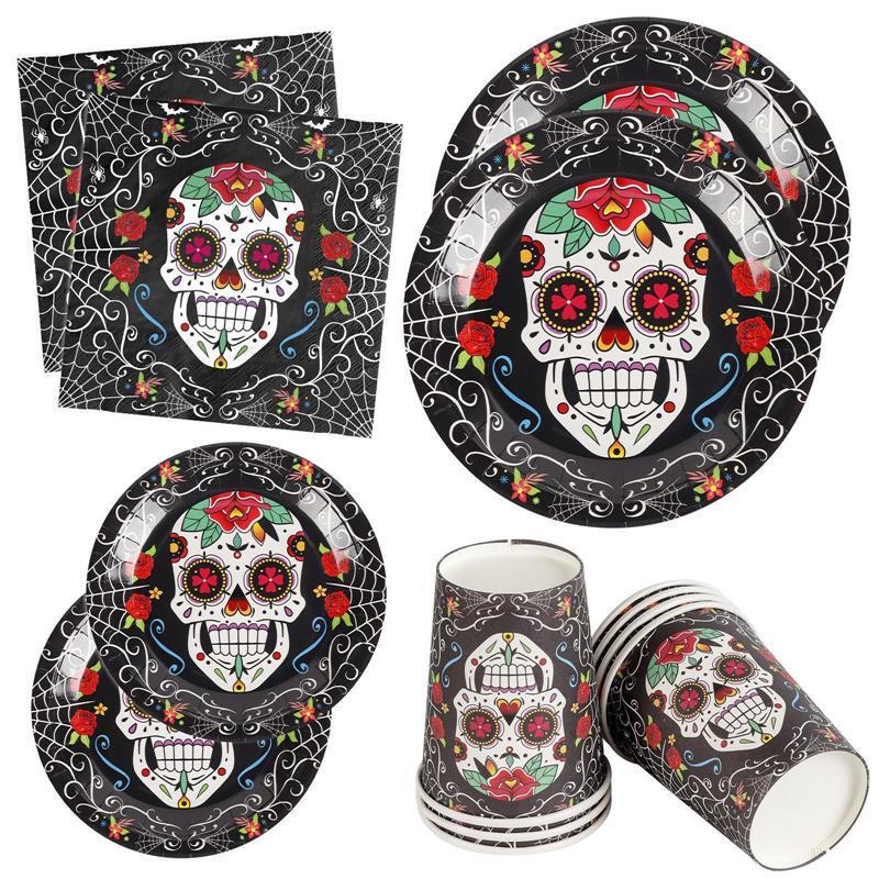 Mexican Day of the Dead Party Supplies Disposable Paper Plates, Paper Cups, Napkins Set, Flower Skull Halloween Tableware Mexican Day of the Dead Party Supplies Disposable Paper Plates, Paper Cups, Napkins Set, Flower Skull Halloween Tableware