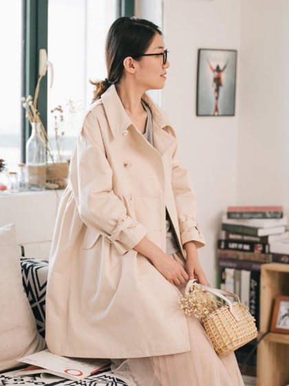 宽松全棉休闲气质风衣女中长款外套新款公主A字七分袖卡其色秋季