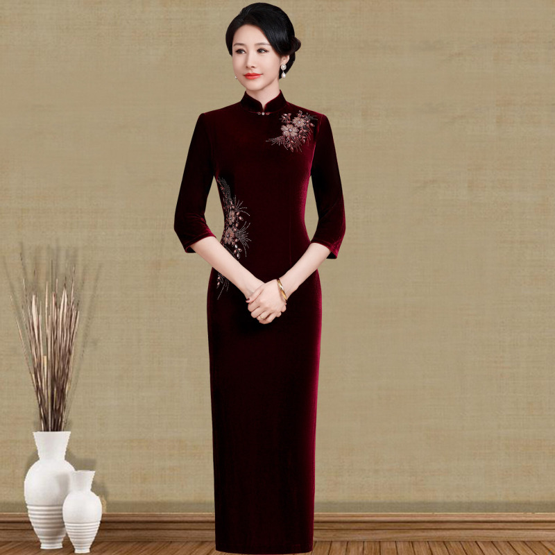 Velvet Cheongsam, Long Style, Plus Size, High-End Chinese Wedding Dress, Elegant Mother-Of-The-Bride Banquet Dress, Noble and Youthful Style, Suitable for Spring and Autumn