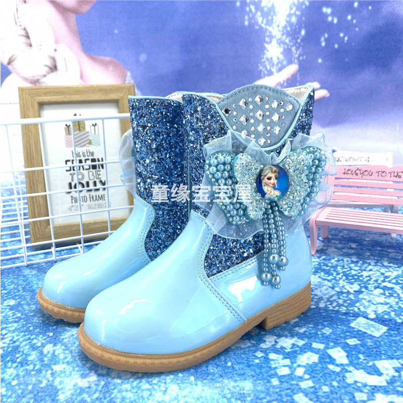 Girls mid-tube boots winter new children's warm plus velvet snow boots Frozen Elsa Princess boots cotton shoes