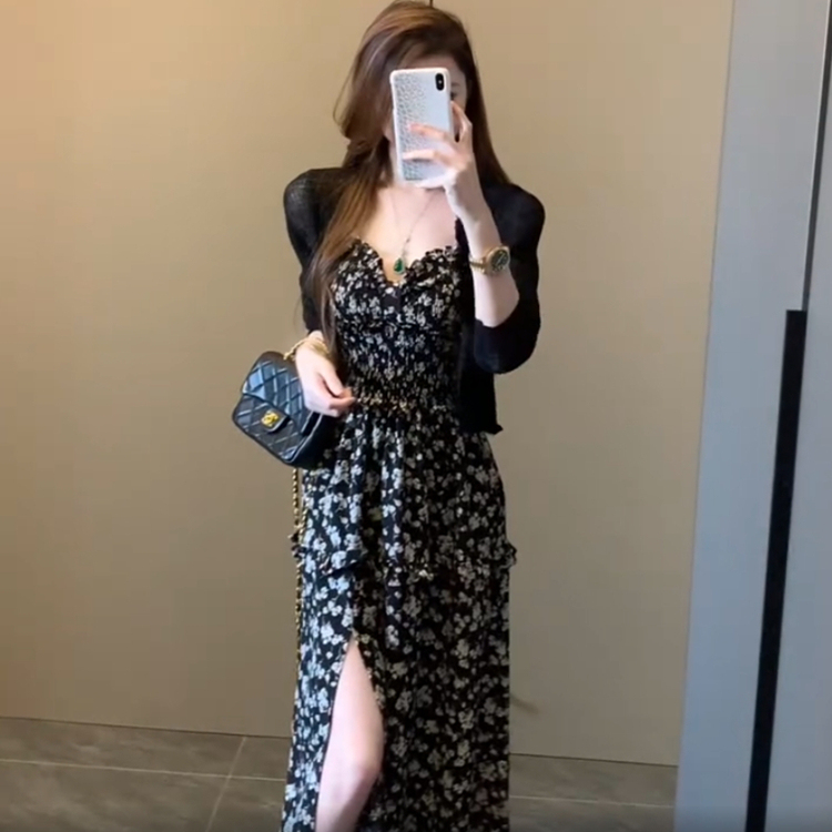 Korean-Style Niche Black Long-Sleeved Sun-Protective Cardigan + Slim-Fitting Long Floral Dress with Slits Two-Piece Set