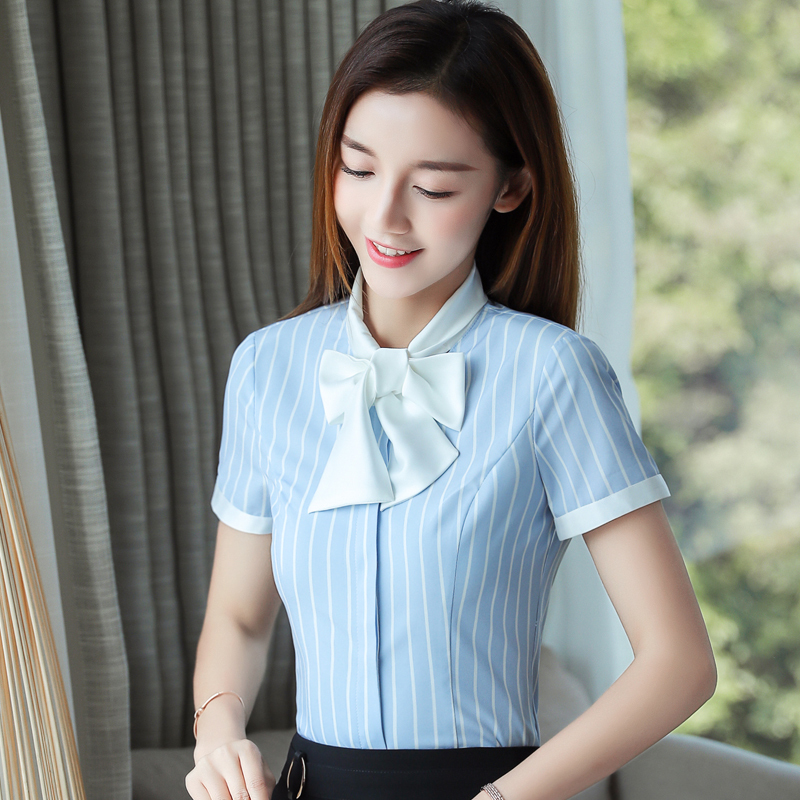 Shirt 2019 Summer new women Blue and white striped short sleeve shirt Career hotel Loading Attendant OL Workwear-Taobao