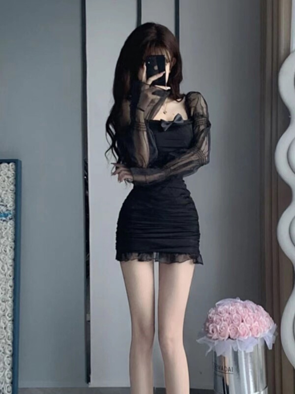 2026 Spring/Summer New Hot Girl Sexy Puff Sleeve Mesh Patchwork Bow Pure Desire Slimming Bodycon Dress for Women