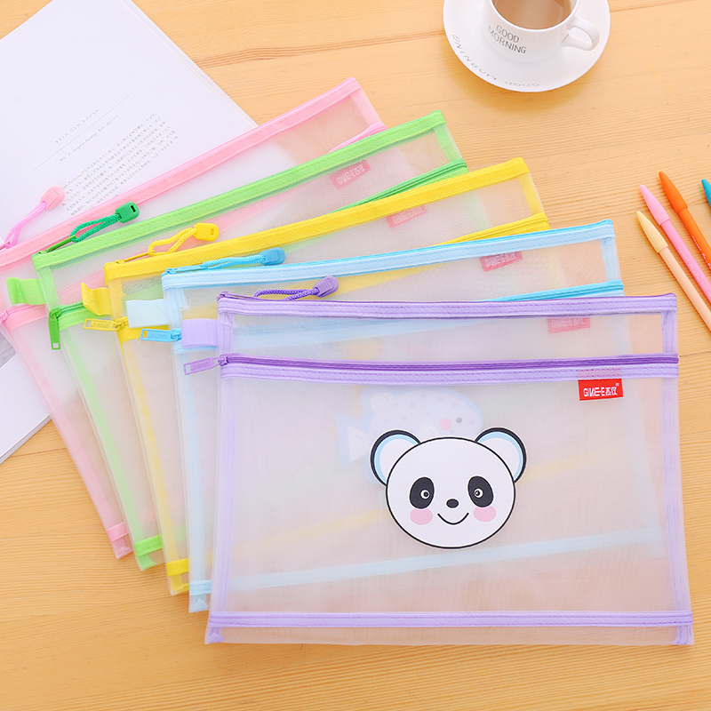 Nylon Cartoon Transparent File Bag A4 Double Layer Pull Chain Bag Student Creative Little Fresh containing paper bag kit