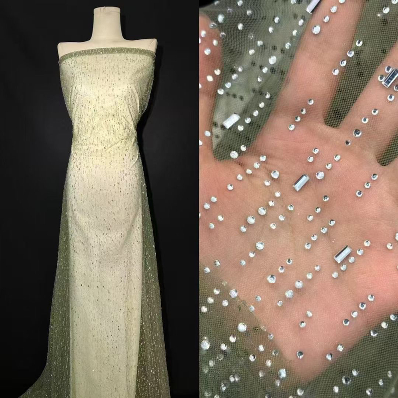 High-End Crystal Bead Embroidery, Hot-Drilled Rhinestone Mesh Fabric for Wedding Dresses, Stage Costumes, and Beaded Fabric High-End Crystal Bead Embroidery, Hot-Drilled Rhinestone Mesh Fabric for Wedding Dresses, Stage Costumes, and Beaded Fabric