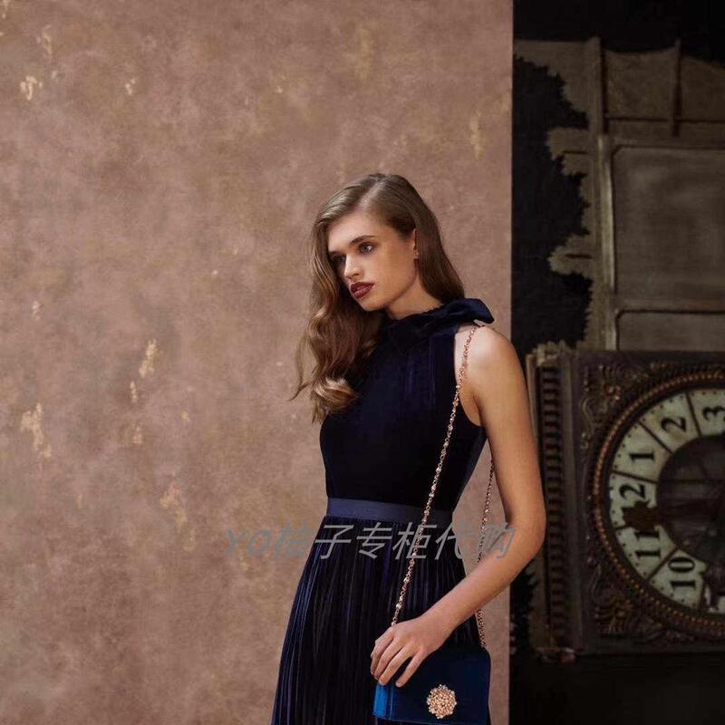 British Tb Autumn and Winter Velvet Banquet Heavy Pleated Dress Sleeveless Velvet Pure Color Dress
