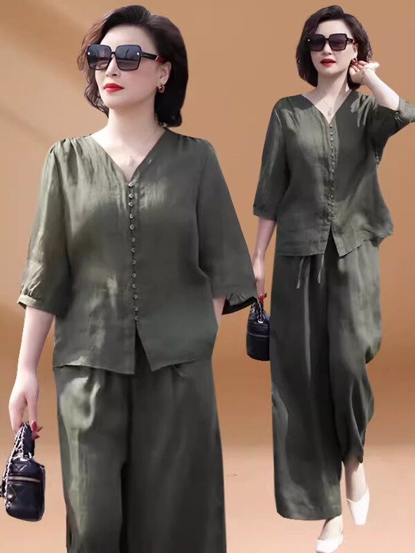 Cotton and Linen Suit for Women 2025 New Summer Fashion Casual Mom Top Wide-Leg Pants Loose Slimming Two-Piece Set