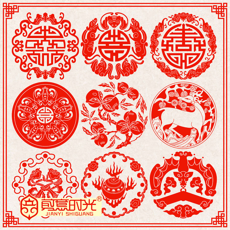 Classical auspicious pattern pattern paper-cut Fuzi fish bat crane deer shou peach paper-cut window flower sticker PVC waterproof sticker