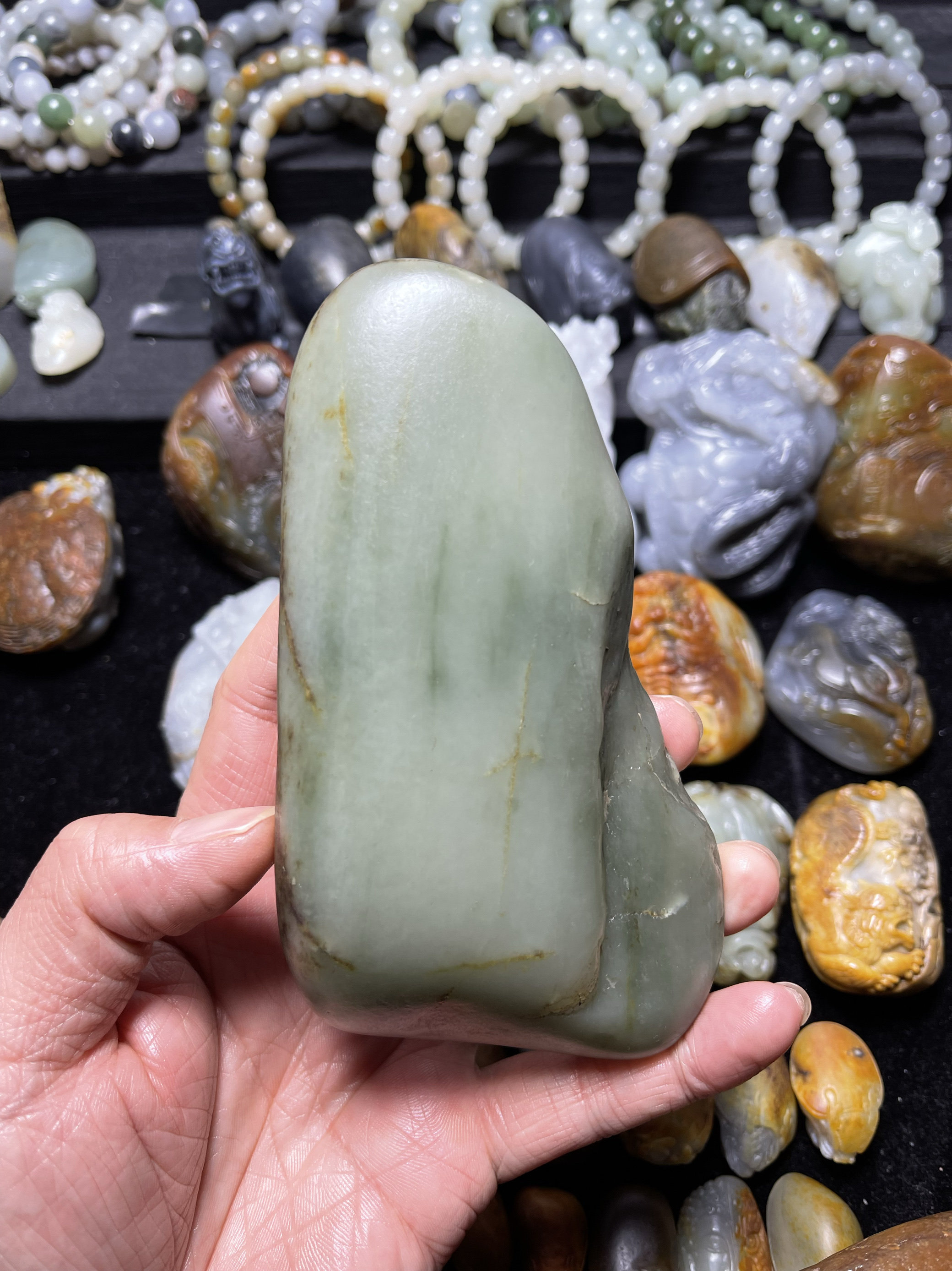 新疆和田玉黄沁翠青籽料原石501.3克：天然珍宝，收藏投资两相宜！-珠宝