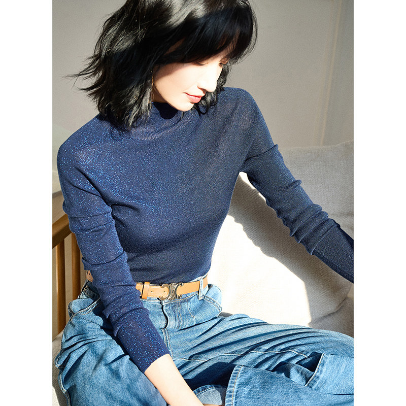 T home thin seamless full-formed cardigan bright silk sweater top half turtleneck bottoming sweater sweater women's autumn and winter