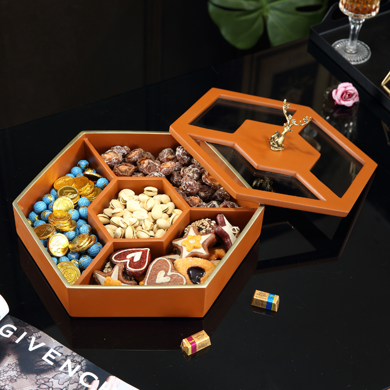 American Living Room Tea Table Dry Fruits Pan compartment with lid Double rotating containing case Candy Case Nut Pan Snack Dish