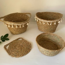 Nordic home basket living room cattail woven flower basket storage oval tassel storage basket cosmetics sundries basket