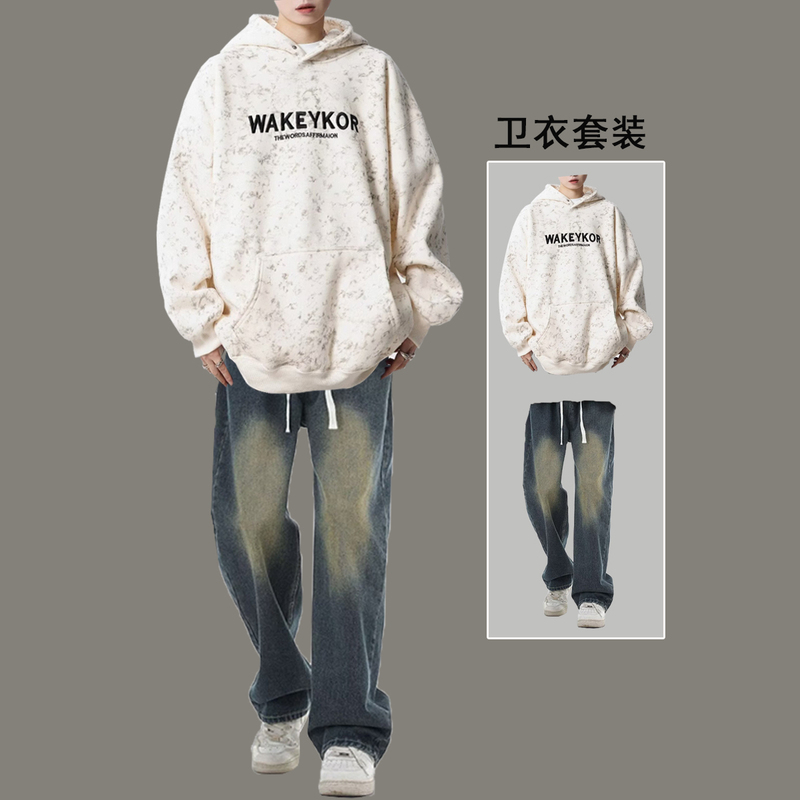 Fleece-Lined and Thickened Tie-Dye Hooded Sweatshirt for Men, Autumn and Winter, High-End American Style, Heavy-Duty Distressed Fabric Casual Hoodie Jacket