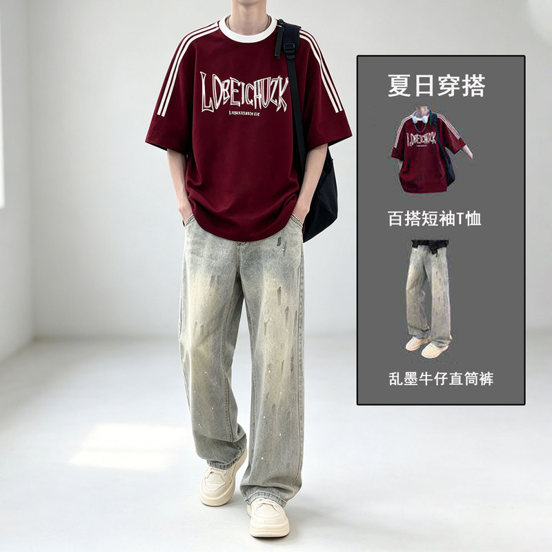 Summer Three-Piece Short-Sleeved Suit for Men, Trendy and Cool, Paired with Jeans, a Set of Casual Sportswear for Men Summer Three-Piece Short-Sleeved Suit for Men, Trendy and Cool, Paired with Jeans, a Set of Casual Sportswear for Men