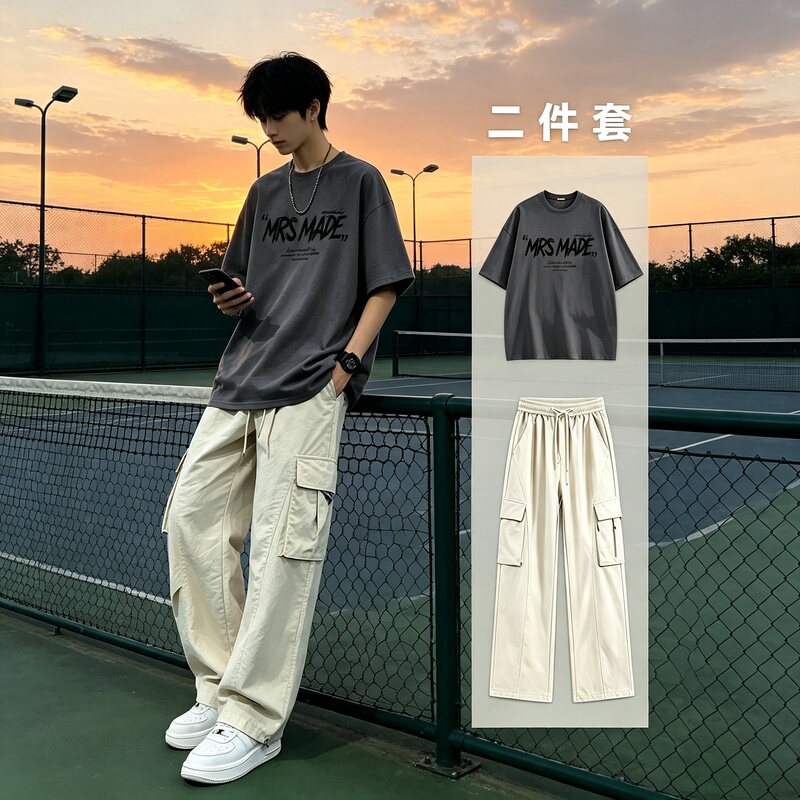 Summer Casual Suit for Men, Trendy Thin Style, Handsome Boys' Sportswear, a Set of Short-Sleeved Shirt and Long Pants Two-Piece Set Summer Casual Suit for Men, Trendy Thin Style, Handsome Boys' Sportswear, a Set of Short-Sleeved Shirt and Long Pants Two-Piece Set