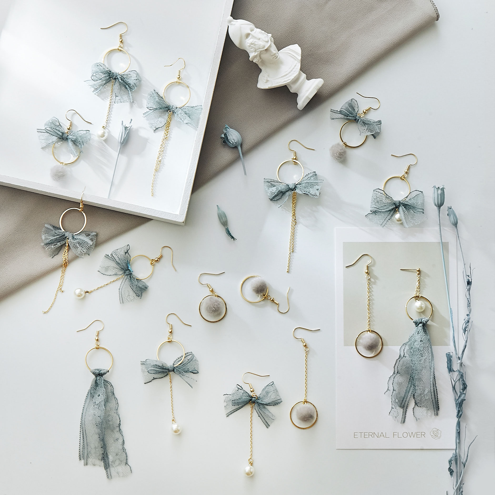 Floral new haze blue lace earrings s925 sterling silver hypoallergenic long version tassel super beauty fairy ear clip temperament