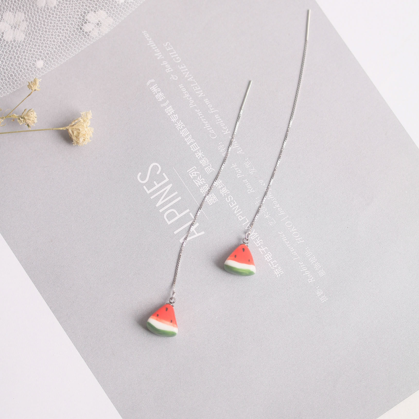 Flowers hands pure hand - drawn watermelon ear s925 pure silver earrings long - plate necklace women's pendant beautiful fresh temperament