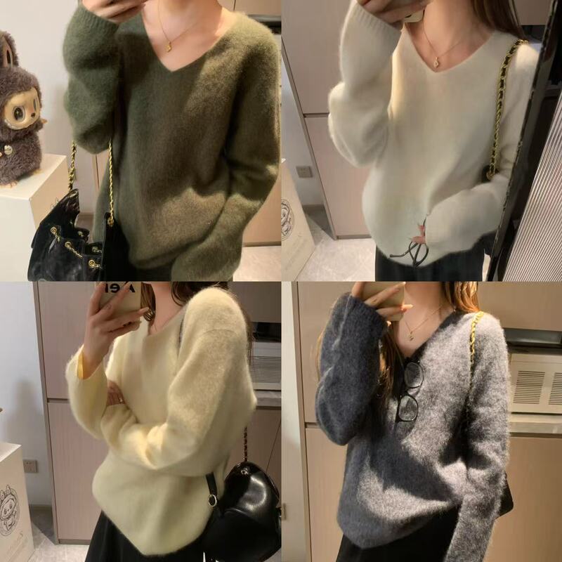 [Banana Pai Pai] Heavyweight All-Wool Brushed Seamless One-Piece V-Neck Sweater for Women, Slimming Top for Autumn and Winter