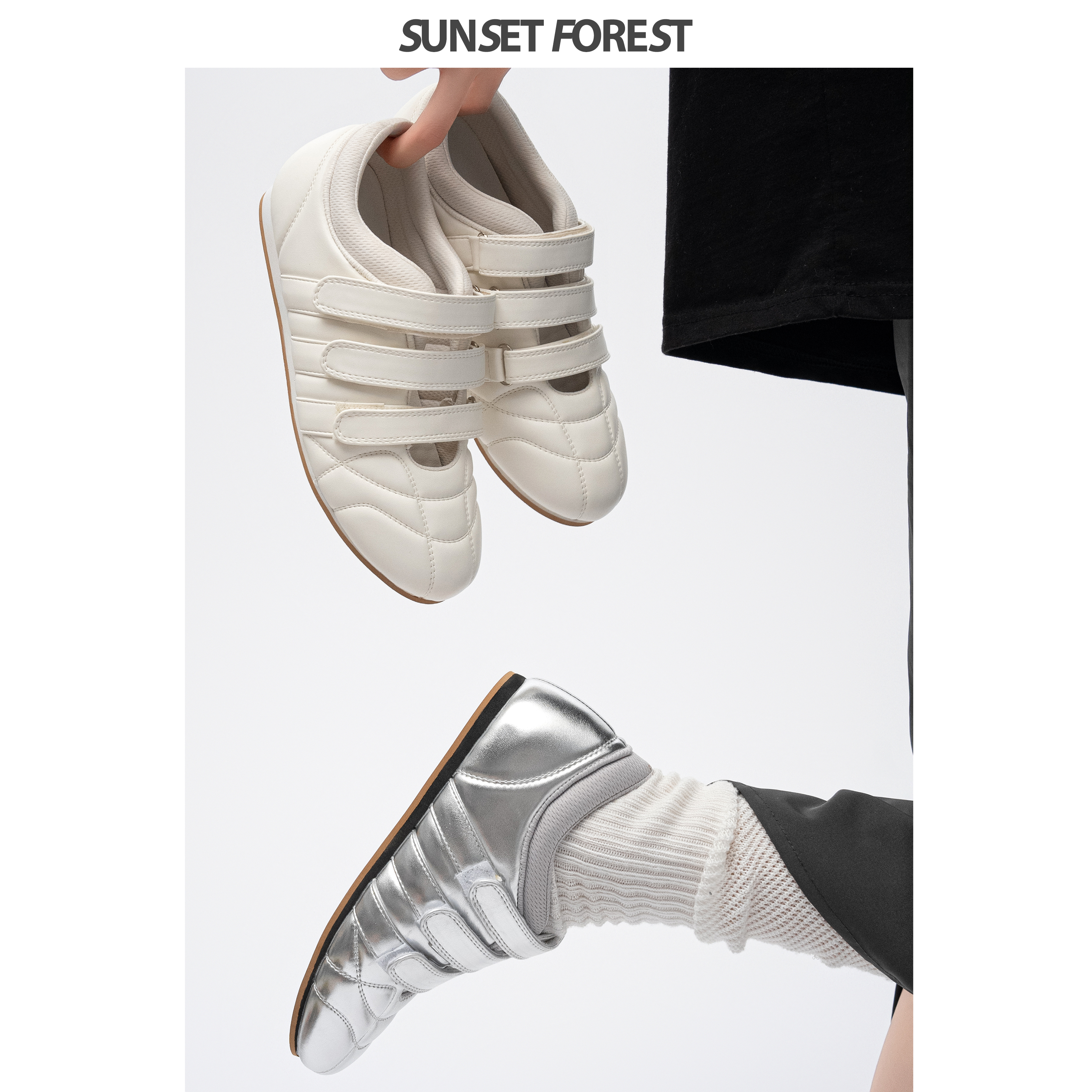 サンセットフォレスト フラットメリージェーンシューズ レディース 2025年春新作 ベルクロ ホワイトシューズ スポーツ ボーリングシューズ