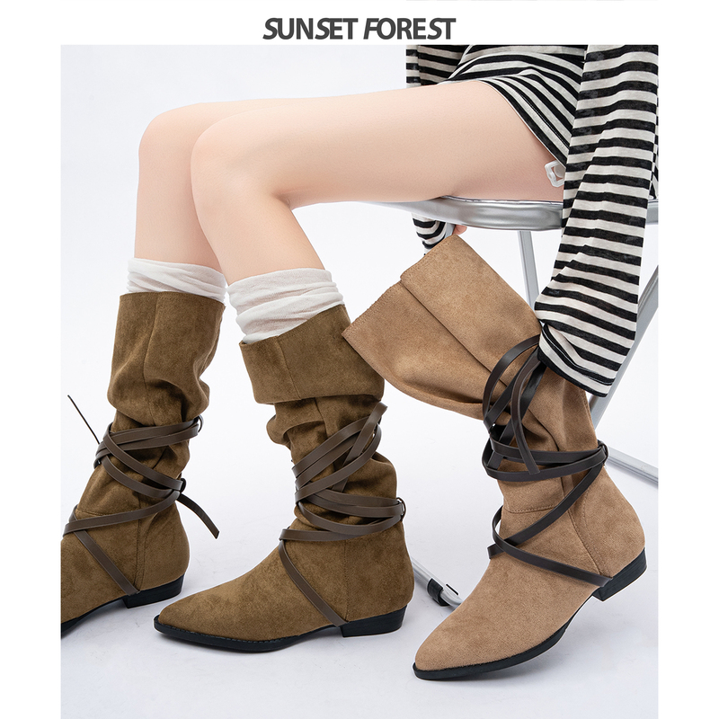 Sunset Forest Pointed Toe Stacked Boots for Women 2026 Spring New Lace-Up Western Riding Boots Chunky Heel Mid-Calf Boots