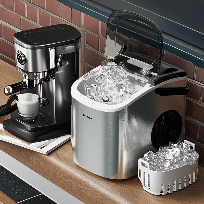 Stainless Steel Fully Automatic Ice Cube Making Machine, Household Ice Maker, Low Power, Large Size Bullet Ice for Dormitories, Self-Cleaning