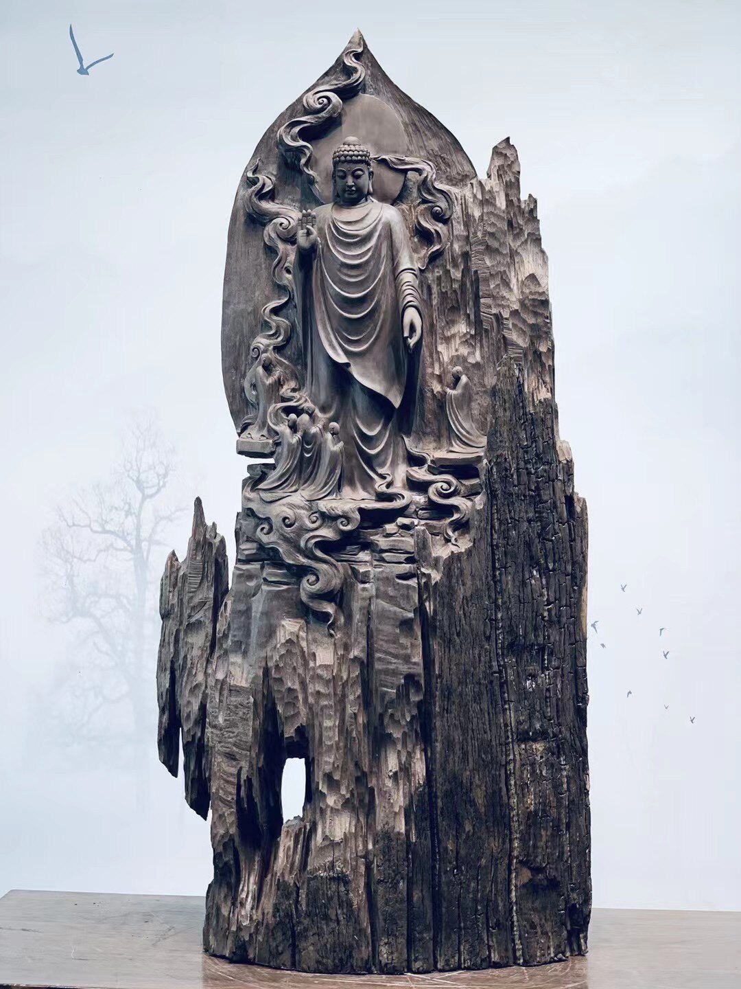 Original hand-carved Buddha Zen artistic conception company ornaments Zen worship ebony works high 125 long 60 thick 28