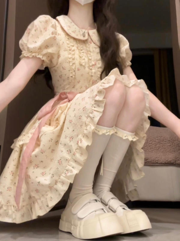 Sweet Floral Doll Collar Dress for Women, Summer Puff Sleeves, Petite Princess Cake Dress, Waist-Cinching Puffy Skirt