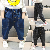 Girl Haren pants 2019 spring and autumn new Korean version of small and medium children big pocket jeans Chaobao foreign gas pants