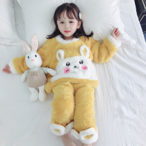Girls pajamas autumn and winter flannel plus velvet thickened coral velvet childrens home clothes set infant girls