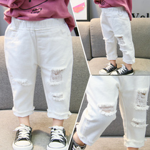 Childrens clothing 2021 Spring and Autumn new boys and girls Korean version of the hole fashion denim pants small childrens pants casual pants