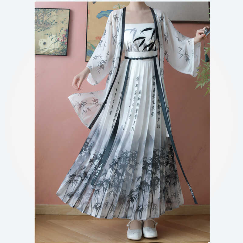 Shangyi Huating Original [Ink Bamboo Shadow] Song Dynasty Style Hanfu Summer National Style Set Han Elements Pleated Skirt for Daily Wear