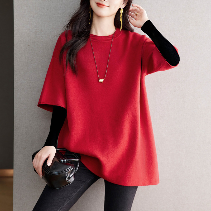 Autumn and Winter Plus-Size Mid-Sleeve Sweater for Women, Loose Fit, Covers the Hips, Round Neck, Half-Sleeve T-Shirt Top, Knitted Base Shirt for Spring and Autumn